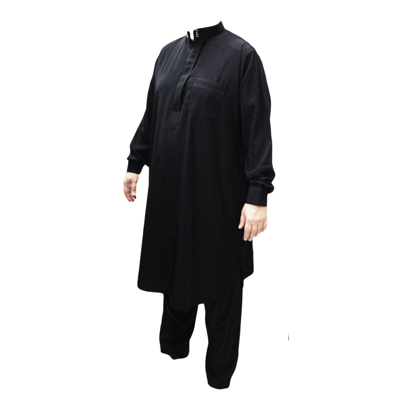 Qamis Pakistanais Noir - Col et Bouton au Manche avec Pantalon Coupe Droite - Afaq - APN1