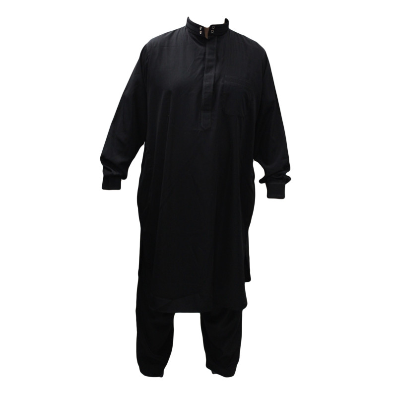 Qamis Pakistanais Noir - Col et Bouton au Manche avec Pantalon Coupe Droite - Afaq - APN1