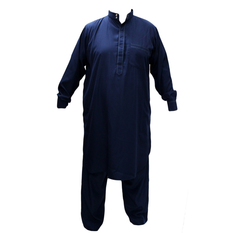 Qamis Pakistanais Bleu - Col et Bouton au Manche avec Pantalon Coupe Droite - Afaq - 4243