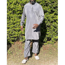 Qamis Pakistanais à Col - Tissu Satin Gris - Qamis Court + Pantalon - Afaq