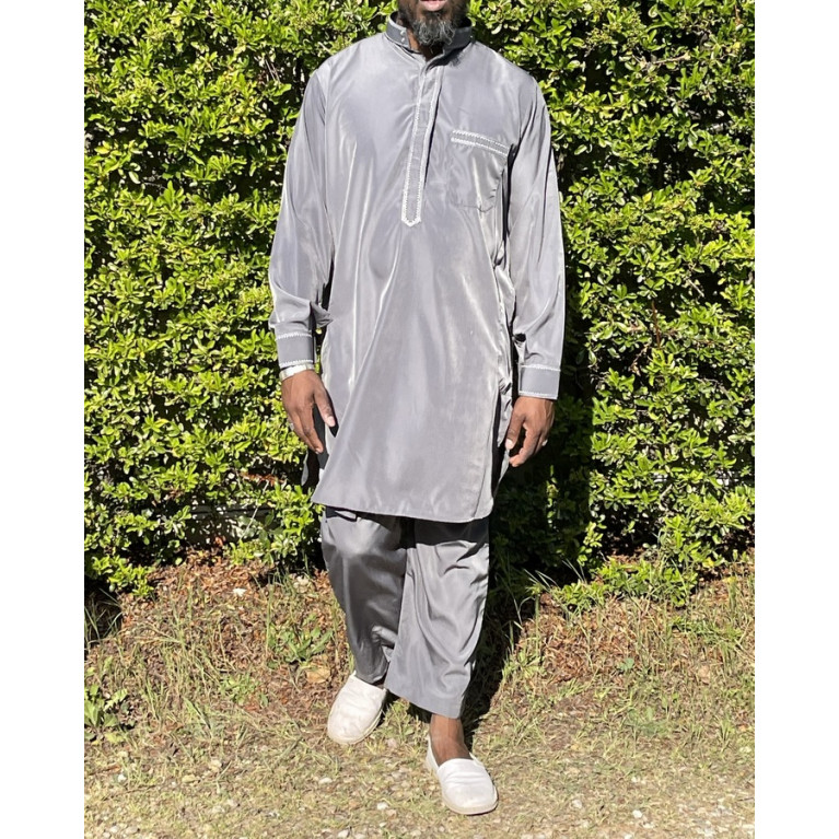 Qamis Pakistanais à Col - Tissu Satin Gris - Qamis Court + Pantalon - Afaq