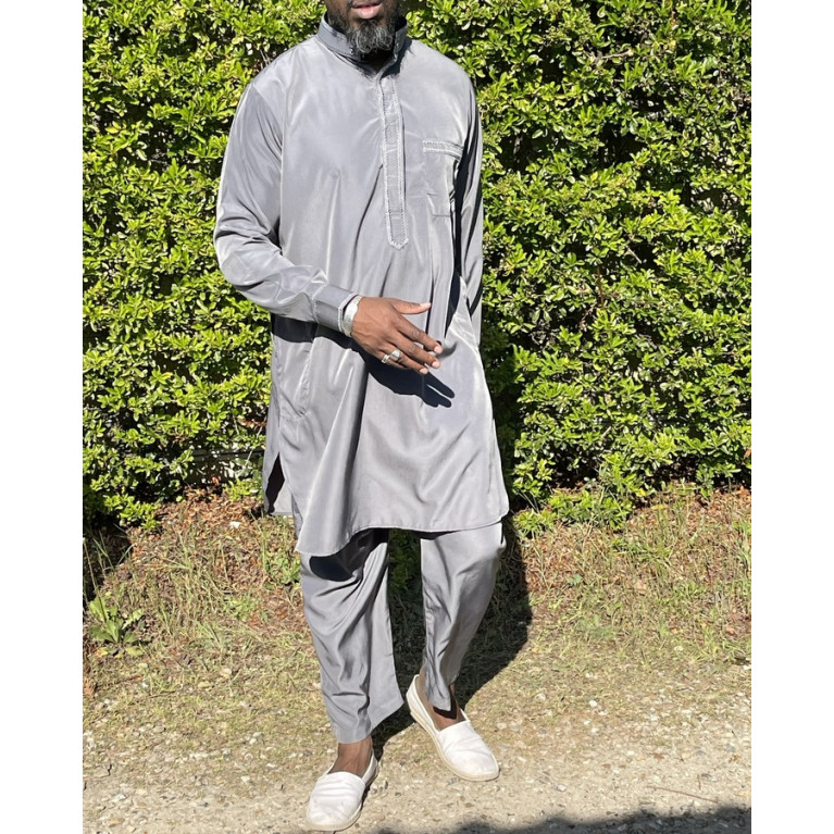 Qamis Pakistanais à Col - Tissu Satin Gris - Qamis Court + Pantalon - Afaq