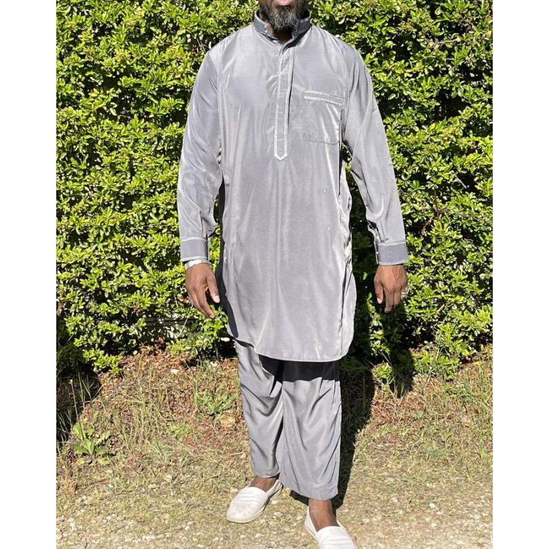 Qamis Pakistanais à Col - Tissu Satin Gris - Qamis Court + Pantalon - Afaq