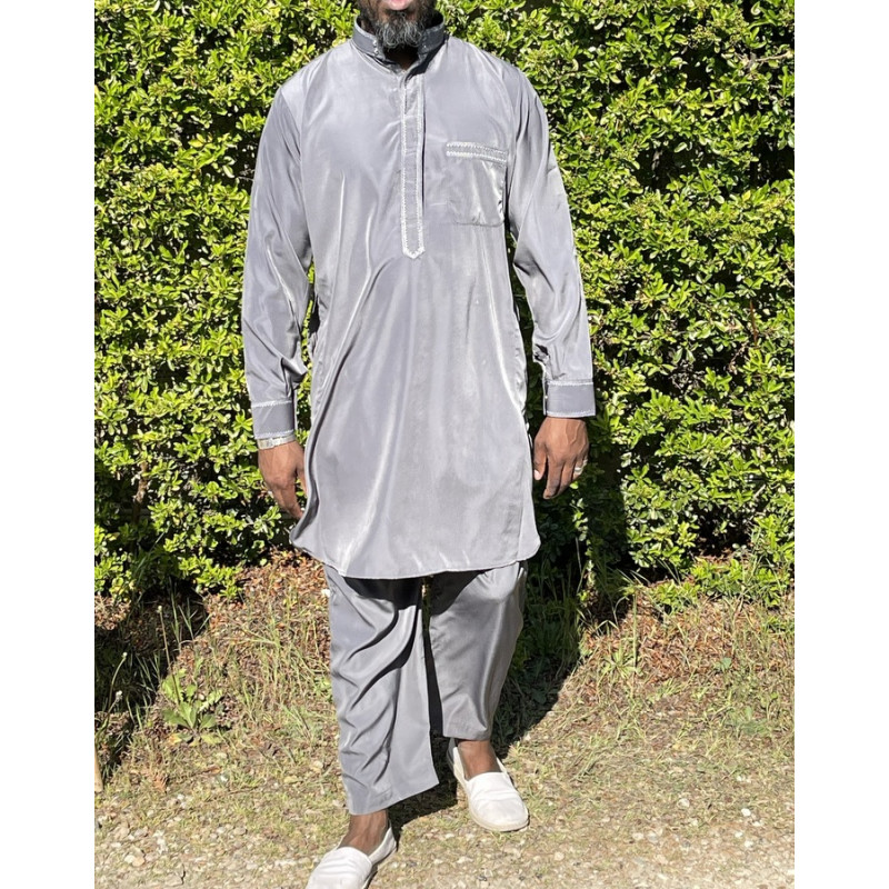 Qamis Pakistanais à Col - Tissu Satin Gris - Qamis Court + Pantalon - Afaq