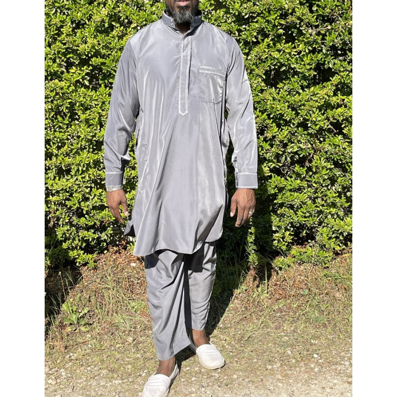 Qamis Pakistanais à Col - Tissu Satin Gris - Qamis Court + Pantalon - Afaq