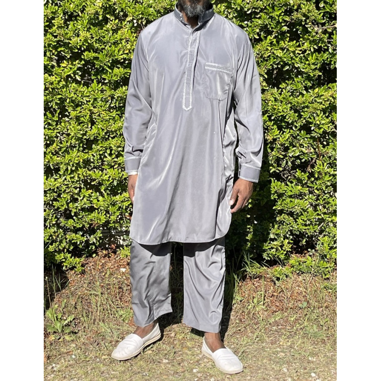 Qamis Pakistanais à Col - Tissu Satin Gris - Qamis Court + Pantalon - Afaq