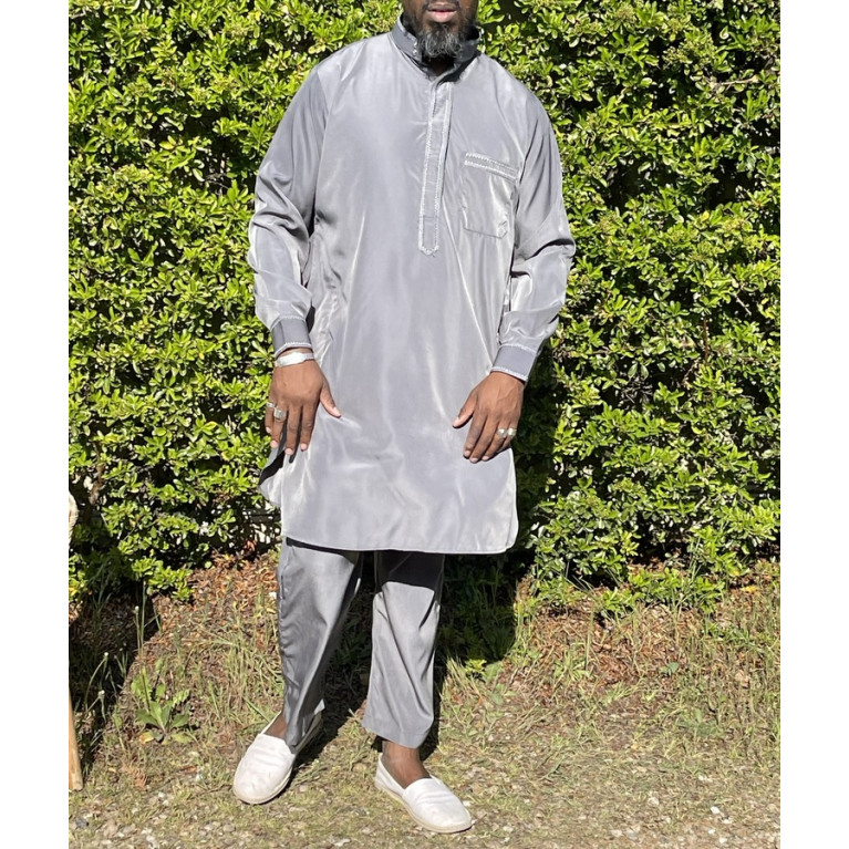 Qamis Pakistanais à Col - Tissu Satin Gris - Qamis Court + Pantalon - Afaq