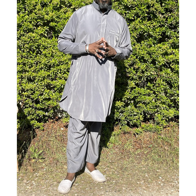 Qamis Pakistanais à Col - Tissu Satin Gris - Qamis Court + Pantalon - Afaq