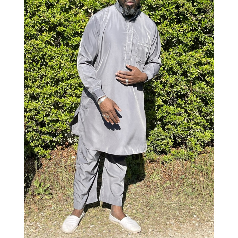 Qamis Pakistanais à Col - Tissu Satin Gris - Qamis Court + Pantalon - Afaq