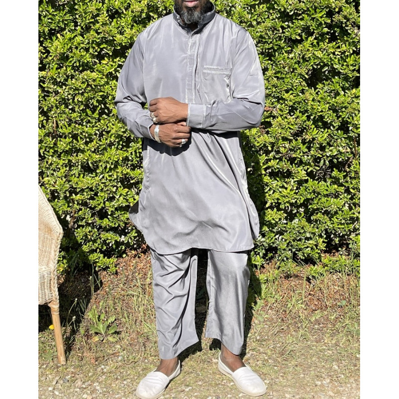 Qamis Pakistanais à Col - Tissu Satin Gris - Qamis Court + Pantalon - Afaq