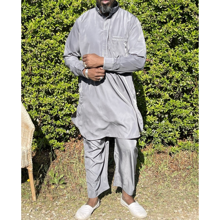 Qamis Pakistanais à Col - Tissu Satin Gris - Qamis Court + Pantalon - Afaq