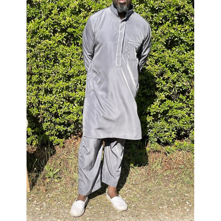 Qamis Pakistanais à Col - Tissu Satin Gris - Qamis Court + Pantalon - Afaq