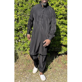 Qamis Pakistanais à Col - Tissu Satin Noir - Qamis Court + Pantalon - Afaq