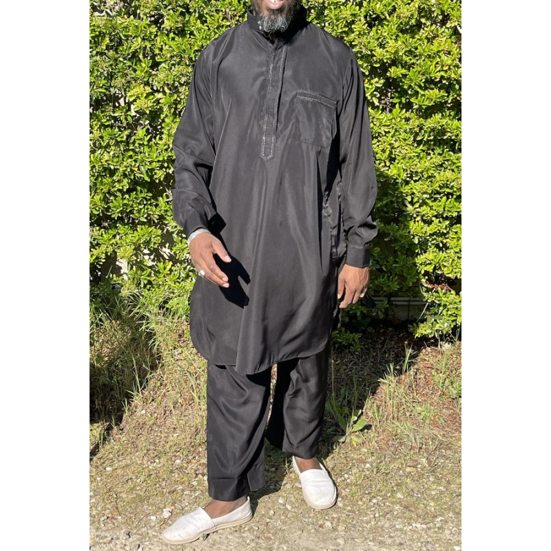 Qamis Pakistanais à Col - Tissu Satin Noir - Qamis Court + Pantalon - Afaq