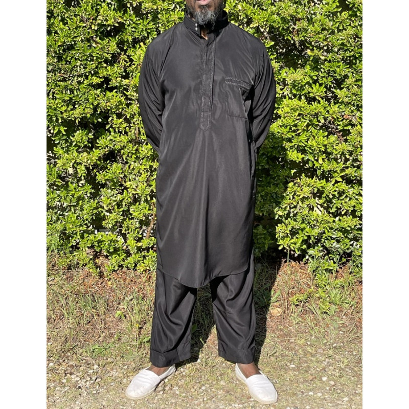 Qamis Pakistanais à Col - Tissu Satin Noir - Qamis Court + Pantalon - Afaq