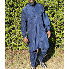 Qamis Pakistanais à Col - Tissu Satin Bleu - Qamis Court + Pantalon - Afaq