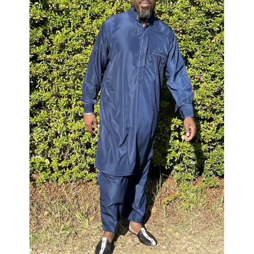 Qamis Pakistanais à Col - Tissu Satin Bleu - Qamis Court + Pantalon - Afaq