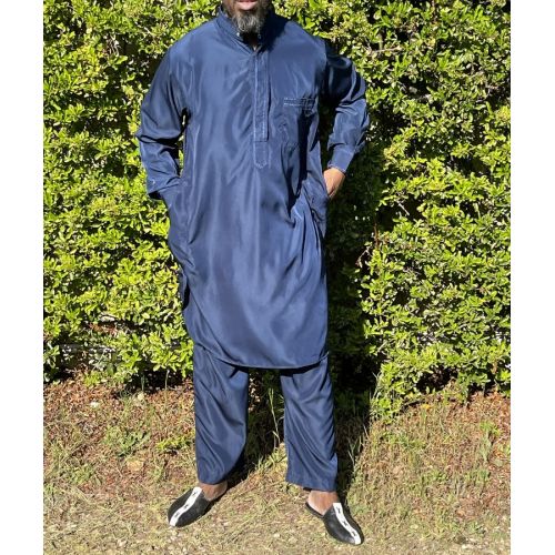 Qamis Pakistanais à Col - Tissu Satin Bleu - Qamis Court + Pantalon - Afaq