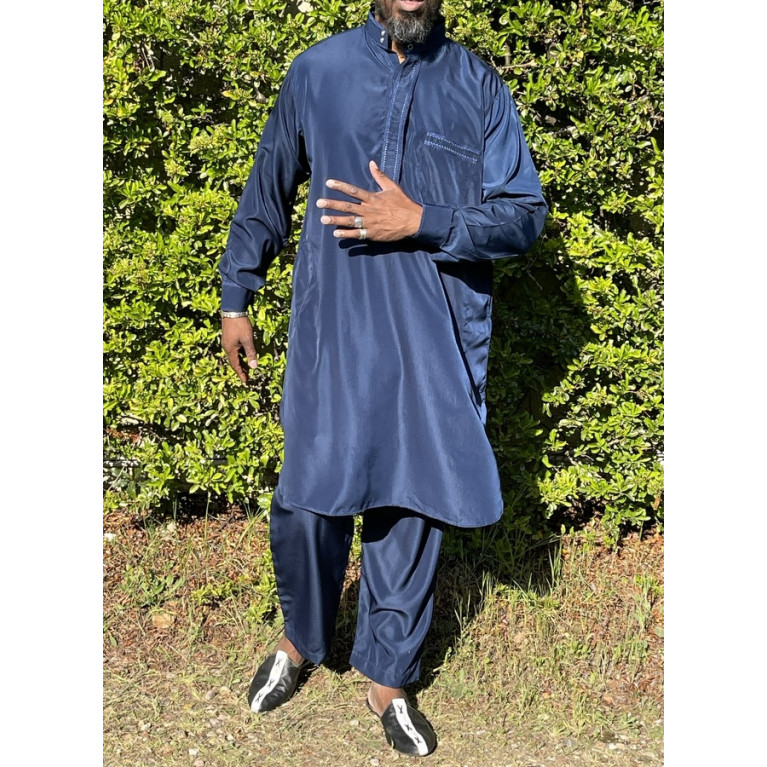 Qamis Pakistanais à Col - Tissu Satin Bleu - Qamis Court + Pantalon - Afaq