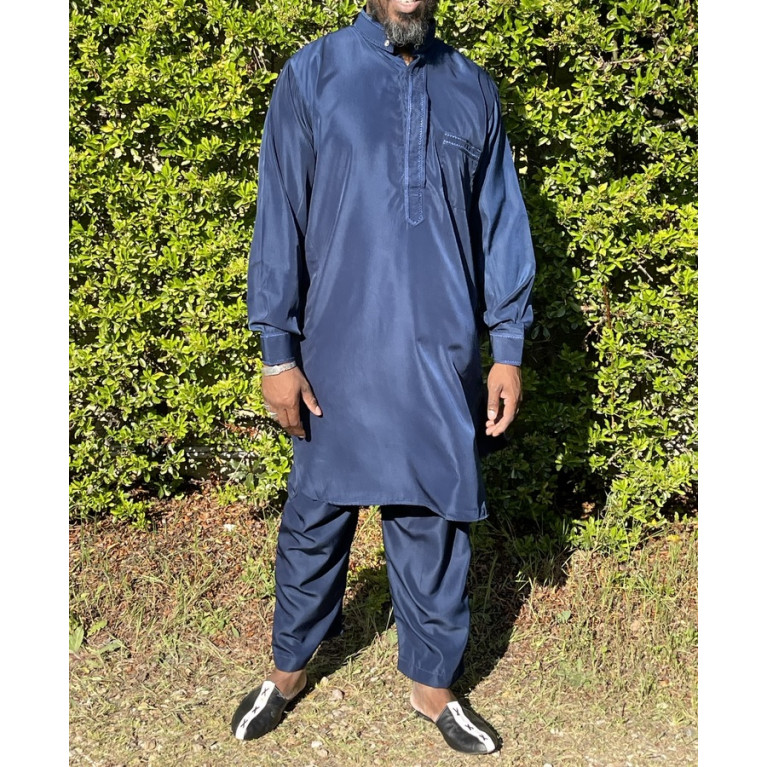 Qamis Pakistanais à Col - Tissu Satin Bleu - Qamis Court + Pantalon - Afaq