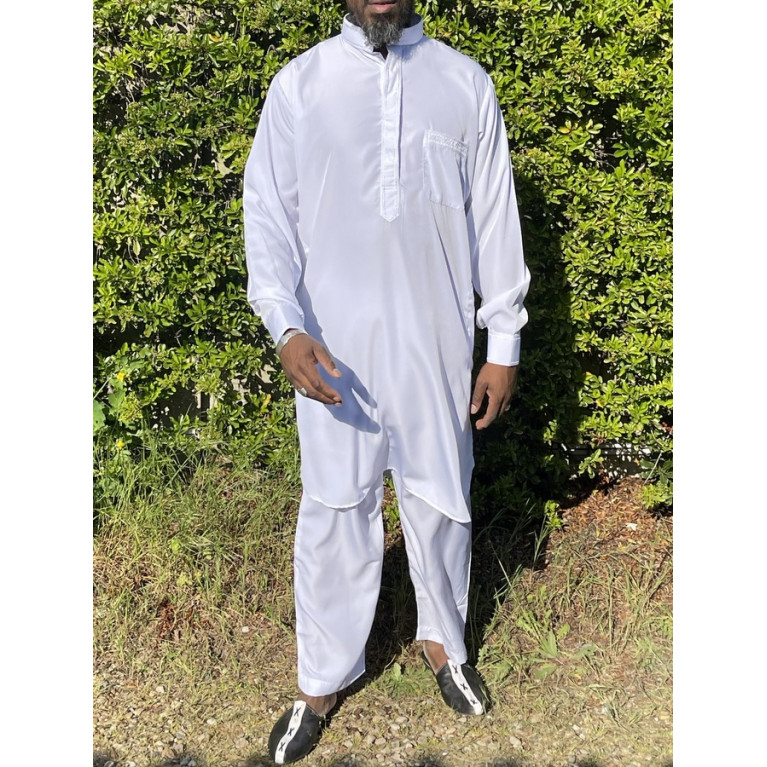 Qamis Pakistanais à Col - Tissu Satin Blanc - Qamis Court + Pantalon - Afaq