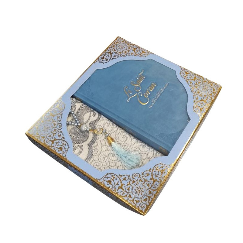 Coffret Coran Bilingue de Luxe Fr/Ar : Tapis et Chapelet - Éditions Sanadi  - Bleu Pastel en 2