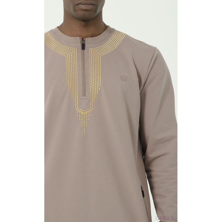 Qamis Long - Taupe et Broderie Taupe - Qaba'il : Sham