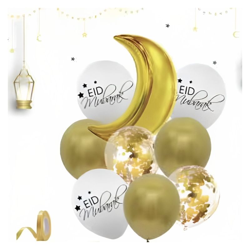 Décoration pour la fête de l'EID MUBARAK : 1 Lune Dorée + 3 Ballons Dorés, 3 Ballons Blancs Eid Mubarak et 2 Ballons Transparent