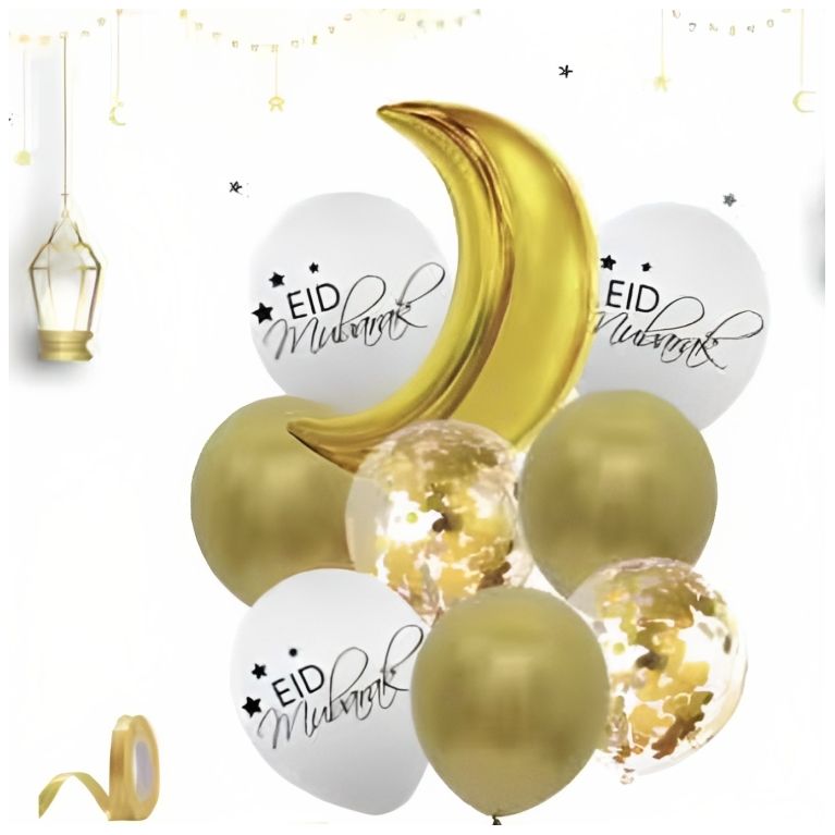 Décoration pour la fête de l'EID MUBARAK : 1 Lune Dorée + 3 Ballons Dorés, 3 Ballons Blancs Eid Mubarak et 2 Ballons Transparent