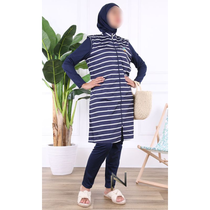 Burkini Hijab 4 Pièces à Rayures - Navy Blue - Nabira