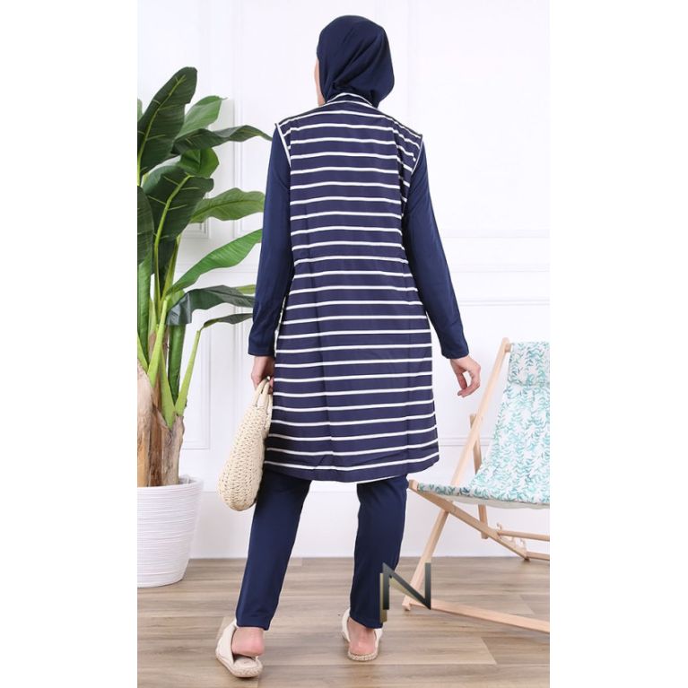 Burkini Hijab 4 Pièces à Rayures - Navy Blue - Nabira