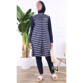 Burkini Hijab 4 Pièces à Rayures - Navy Blue - Nabira