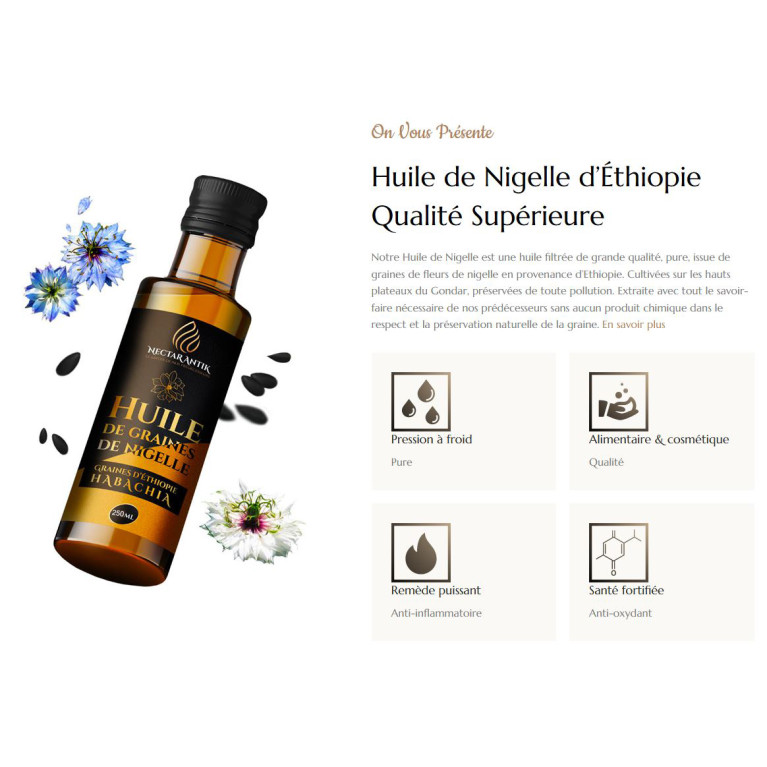 Huile de Nigelle "Habachiya" - Ethiopie - Certifiée Pressée à Froid - 250 ml - Nectar Antik