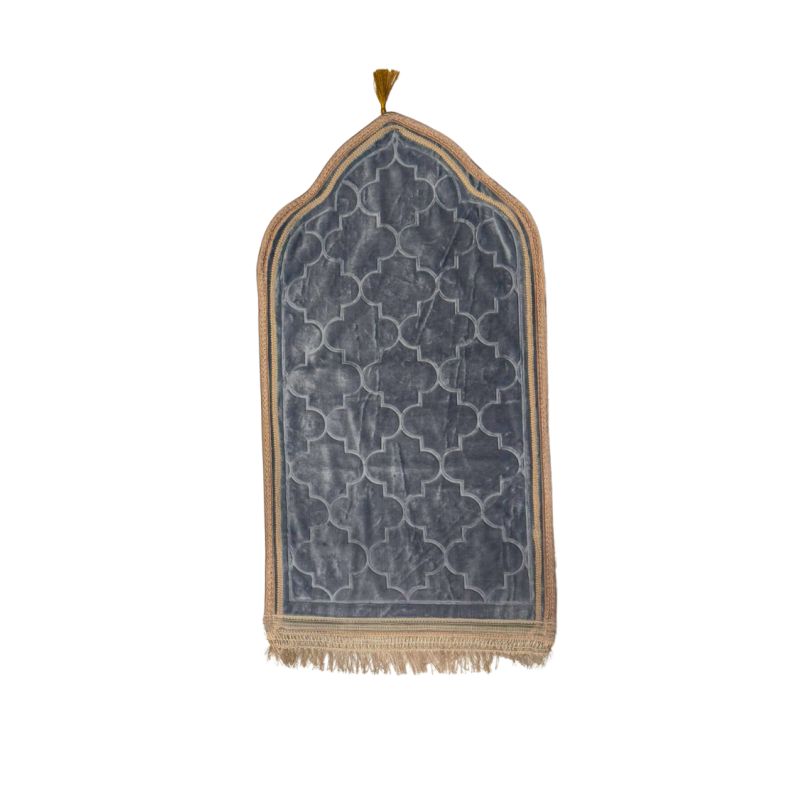 Tapis de Prière Enfant Gris - Motif Arabesque, Molletonné - 48 x 85 cm - Soundouss