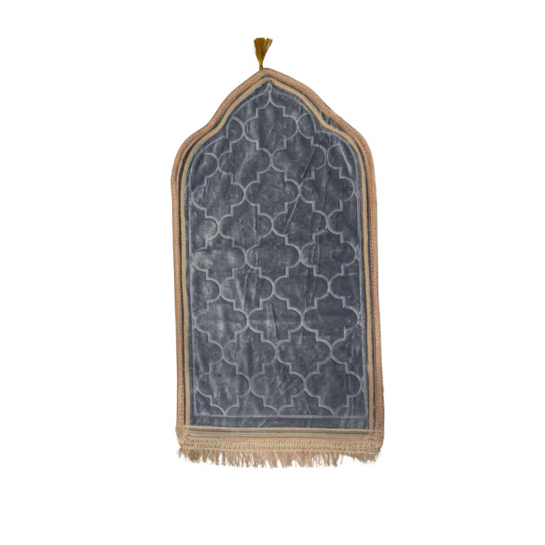 Tapis de Prière Enfant Gris - Motif Arabesque, Molletonné - 48 x 85 cm - Soundouss