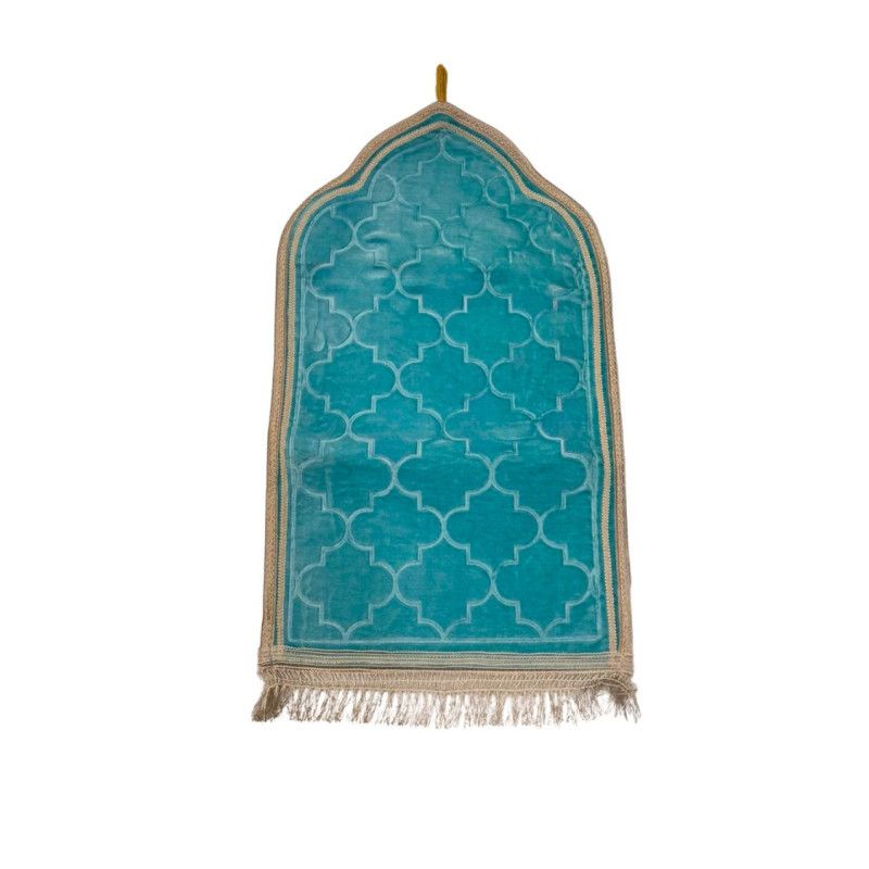 Tapis de Prière Enfant Turquoise - Motif Arabesque, Molletonné - 48 x 85 cm - Soundouss