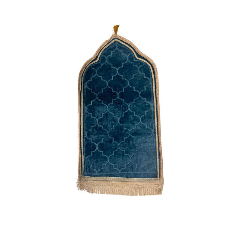 Tapis de Prière Enfant Bleu - Motif Arabesque, Molletonné - 48 x 85 cm - Soundouss