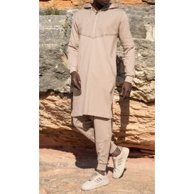 Ensemble Qamis Court Beige Impression Keffieh avec Capuche Qaba'il : QUDS