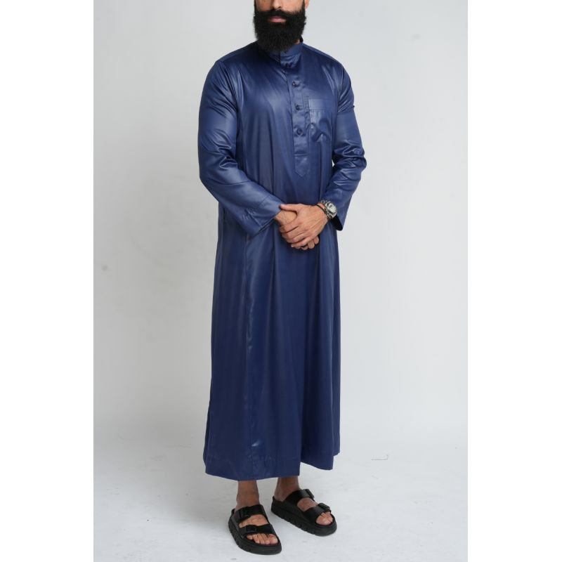  Qamis Homme : Bleu nuit en tissu glacé Coréen, élégance et qualité - Soundouss