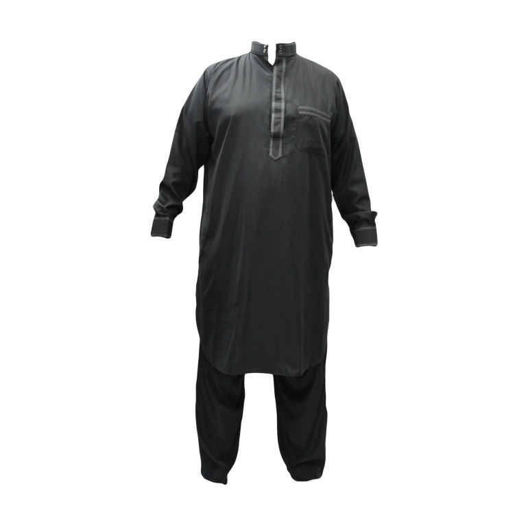 Qamis Pakistanais à Col - Tissu Satin Anthracite - Qamis Court + Pantalon - Afaq