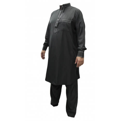 copy of  Qamis Pakistanais à Col - Tissu Satin Gris - Qamis Court + Pantalon - Afaq