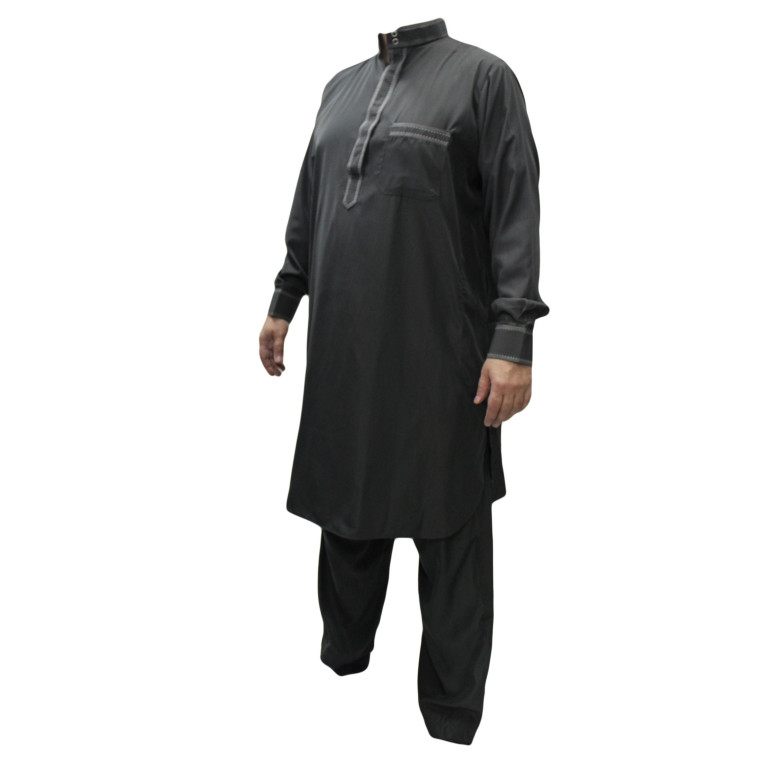 Qamis Pakistanais à Col - Tissu Satin Anthracite - Qamis Court + Pantalon - Afaq