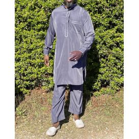 Qamis Pakistanais à Col - Tissu Satin Anthracite - Qamis Court + Pantalon - Afaq