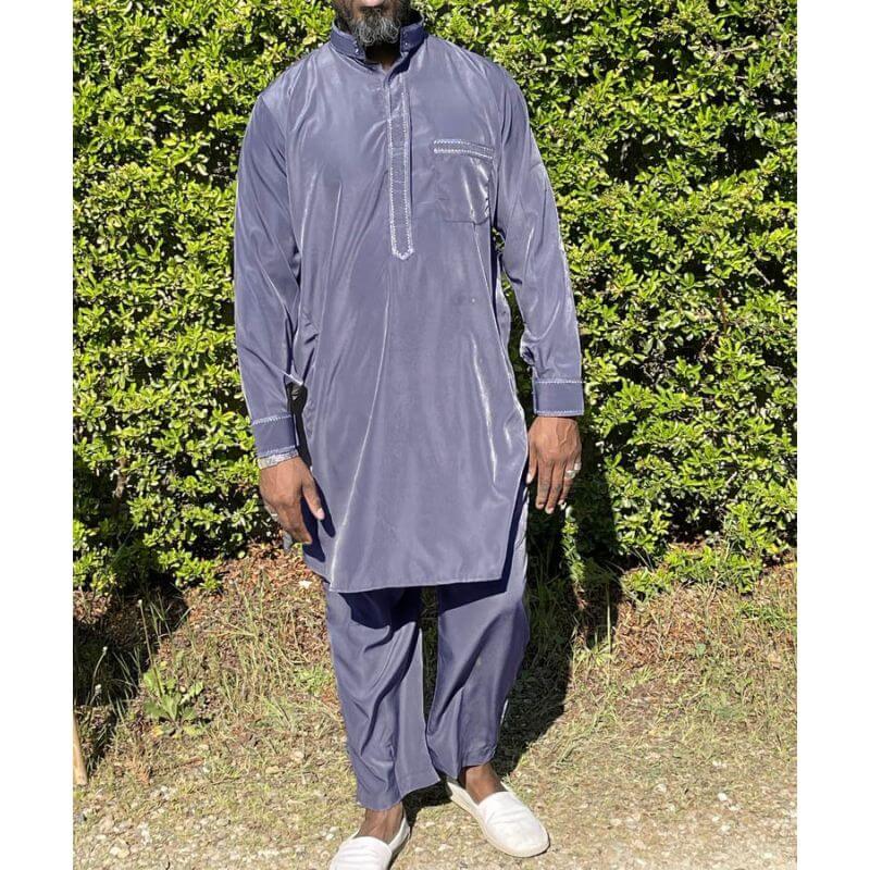 Qamis Pakistanais à Col - Tissu Satin Anthracite - Qamis Court + Pantalon - Afaq