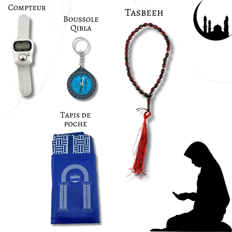 Prière Pocket : tapis prière de poche, boussole qibla, compteur dikhr et chapelet islamique.