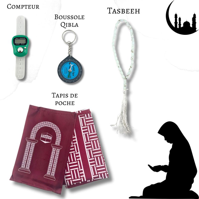 Prière Pocket : tapis prière de poche, boussole qibla, compteur dikhr et chapelet islamique.