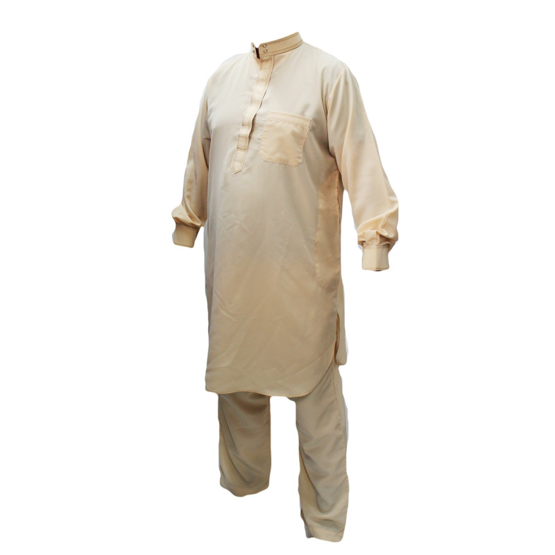 Qamis Pakistanais Beige Crème - Col et Bouton au Manche avec Pantalon Coupe Droite - Afaq - 4239