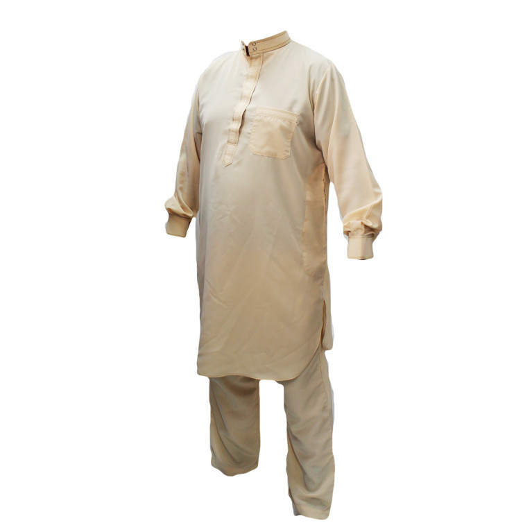 Qamis Pakistanais Beige Crème - Col et Bouton au Manche avec Pantalon Coupe Droite - Afaq - 4239