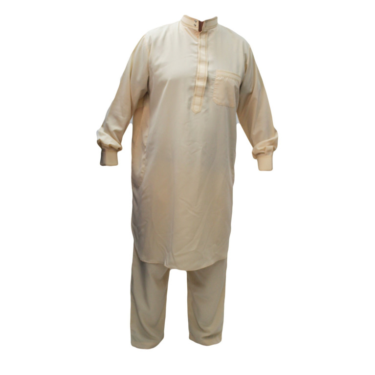 Qamis Pakistanais Beige Crème - Col et Bouton au Manche avec Pantalon Coupe Droite - Afaq - 4239